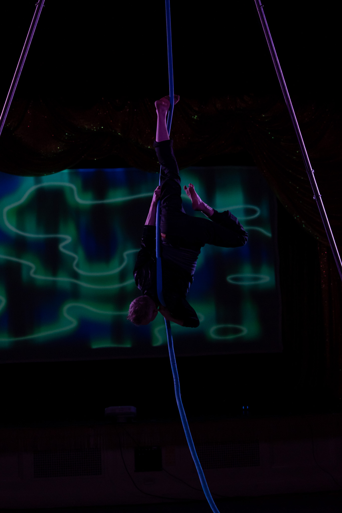 A photograph of an aerialist performing in front of a large projection screen with colorful visuals.  The aerialist is silhouetted against the projection, creating a striking contrast.